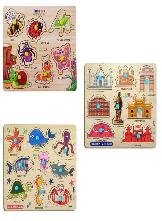 HIGHROOF® Kids Fort Pre Nursery Educational Jigsaw Puzzles for Adults Kids Learning Toys Kit Board Game 3 pcs Set of Insects Monuments of India & Sea Animals Educational Toy - Image 1